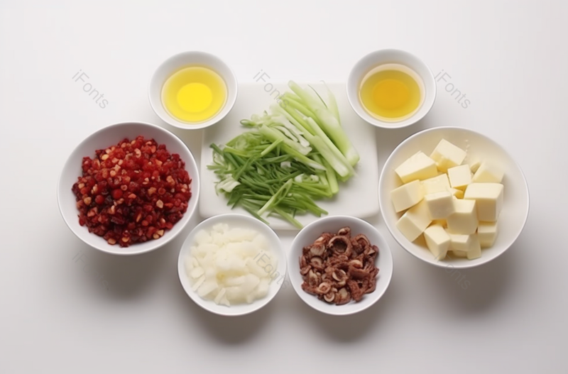 油辣椒葱蒜调味品白色背景俯拍拍摄,高清,摄影图,摄影图片,图片大全,摄影图免费下载
